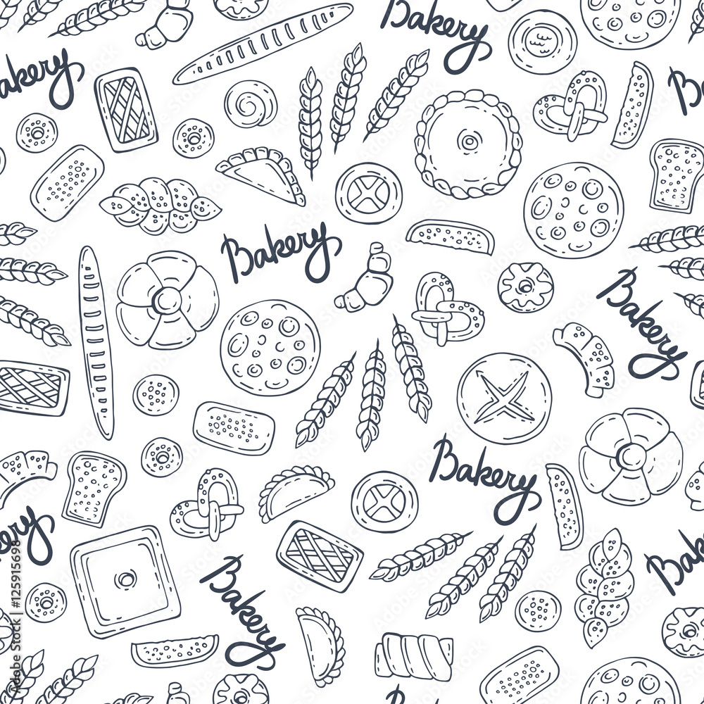 Pattern with hand drawn isolated bakery products on white background. Pattern on the theme of food