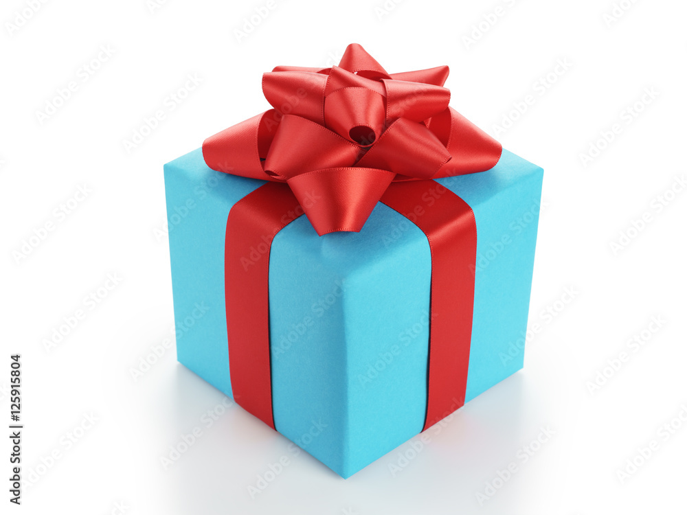 Fototapeta premium blue gift box with red ribbon bow isolated on white