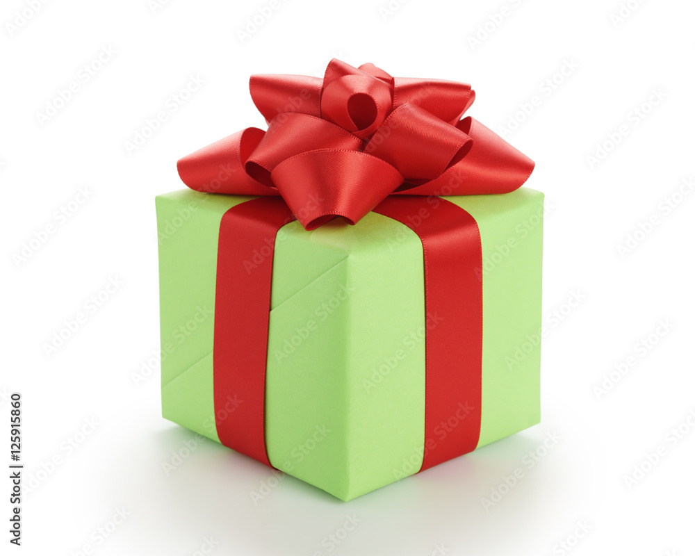 small green gift box with red ribbon bow isolated on white small green gift box with red ribbon bow isolated on white