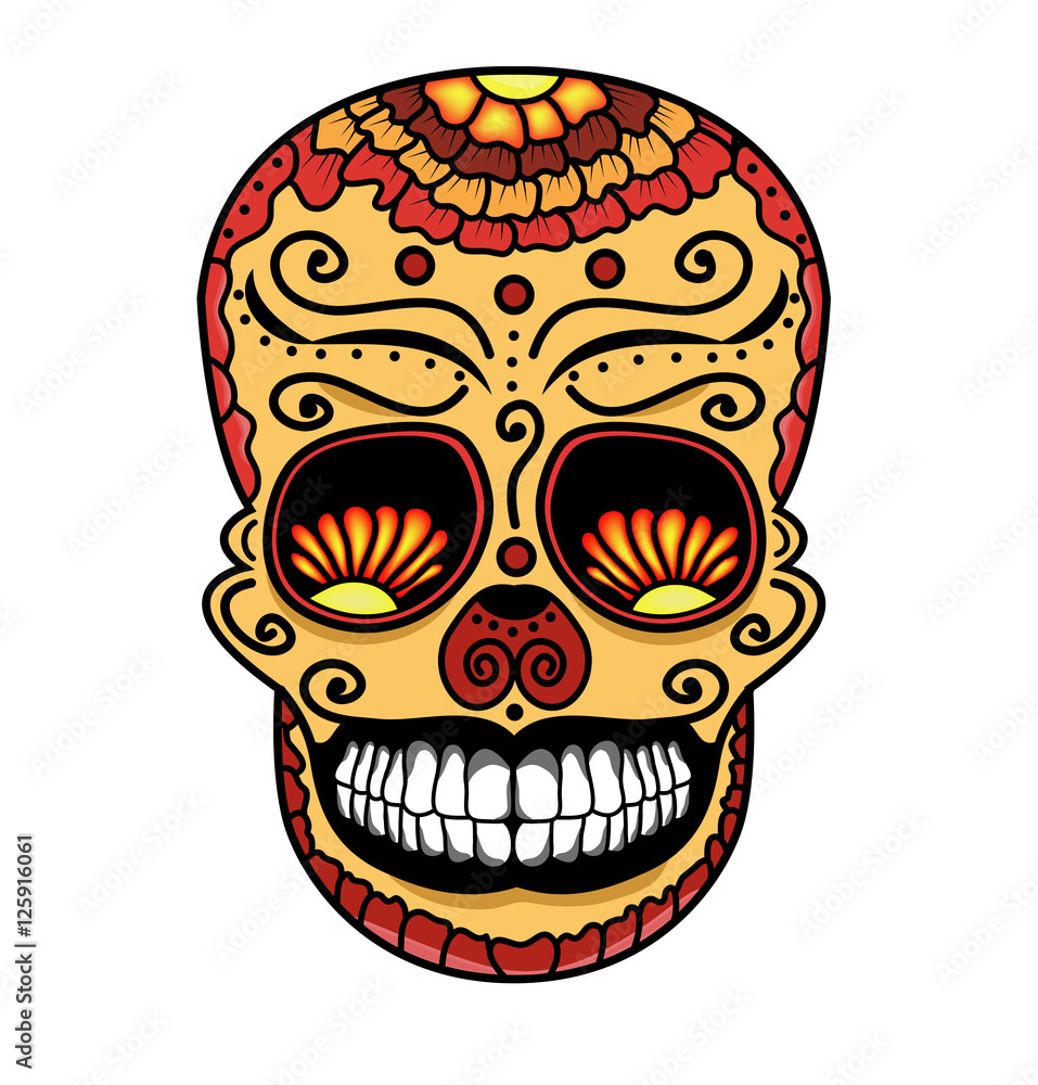 Vector illustration of a colored mexican skull for tattoo, teschio