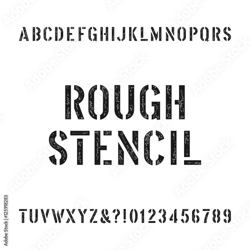 Rough stencil alphabet font. Scratched type letters and numbers. Retro stock vector typography for your design.