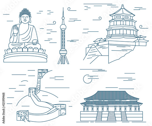 Famous China landmarks thin line. Great Wall, Tian Tan Buddha, Forbidden City , Summer palace, Oriental Pearl Tower