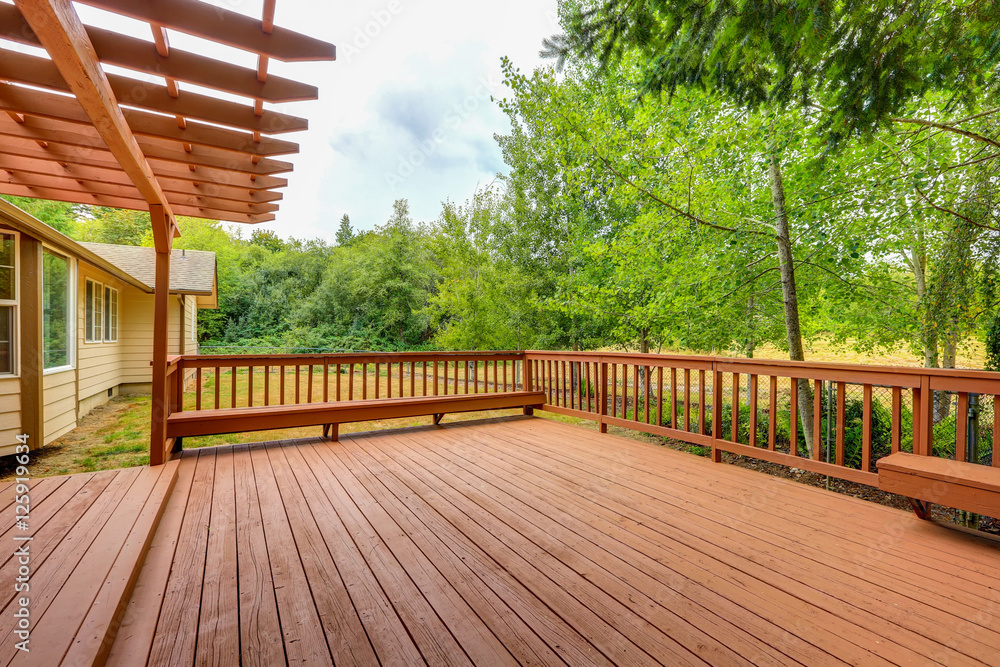 Exterior of horse ranch with large wooden walkout deck - obrazy, fototapety, plakaty 