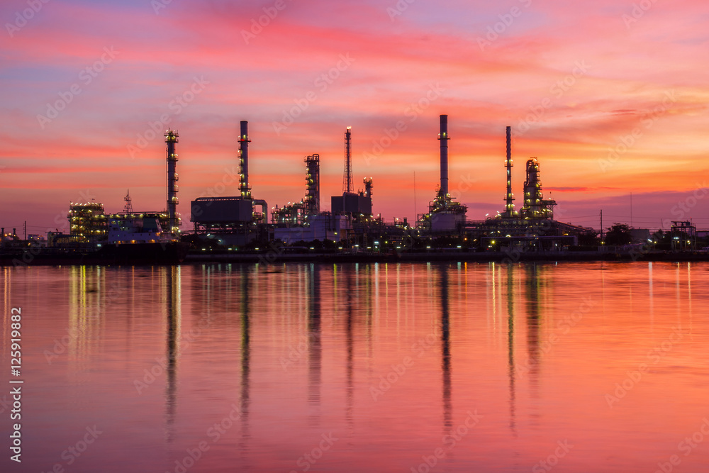 Oil refinery along the river at Dusk (Bangkok, Thailand)