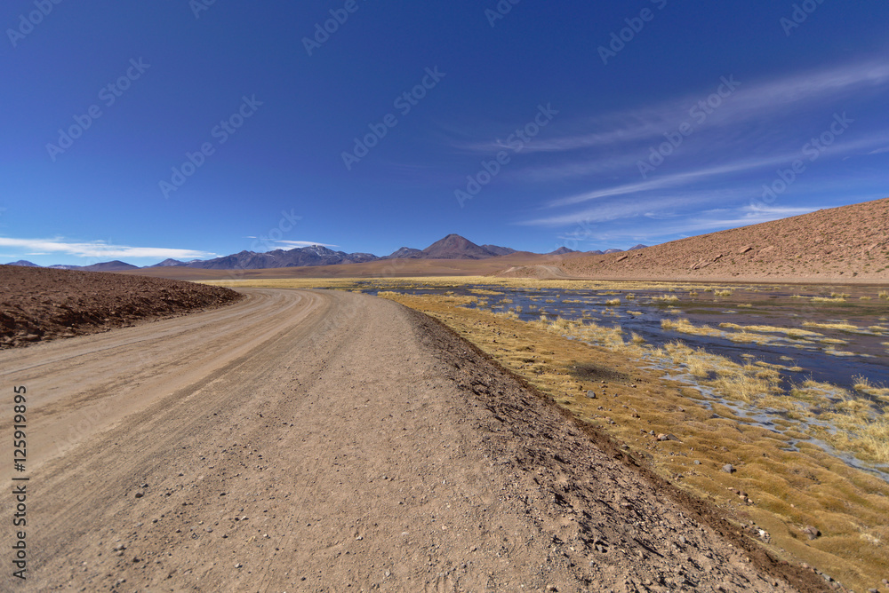 Road in the desert next to lush pond and volcanoes. Road in the desert next to lush pond and volcanoes.