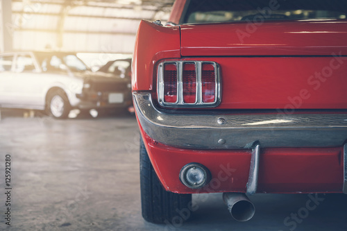 Close up rear view of red Retro classic car
