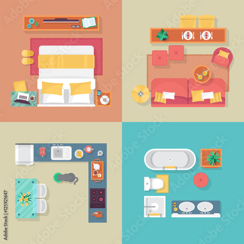 Apartment floor plan top view. Furniture set for interior design