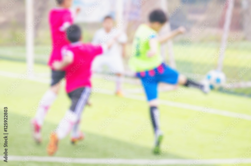 Blurred photo of children are practicing soccer in football field