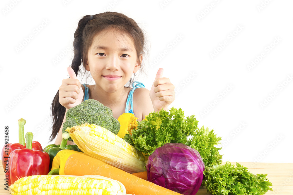 Asian lovely girl showing enjoy expression with fresh colorful vegetables isolated over white background Asian lovely girl showing enjoy expression with fresh colorful vegetables isolated over white background