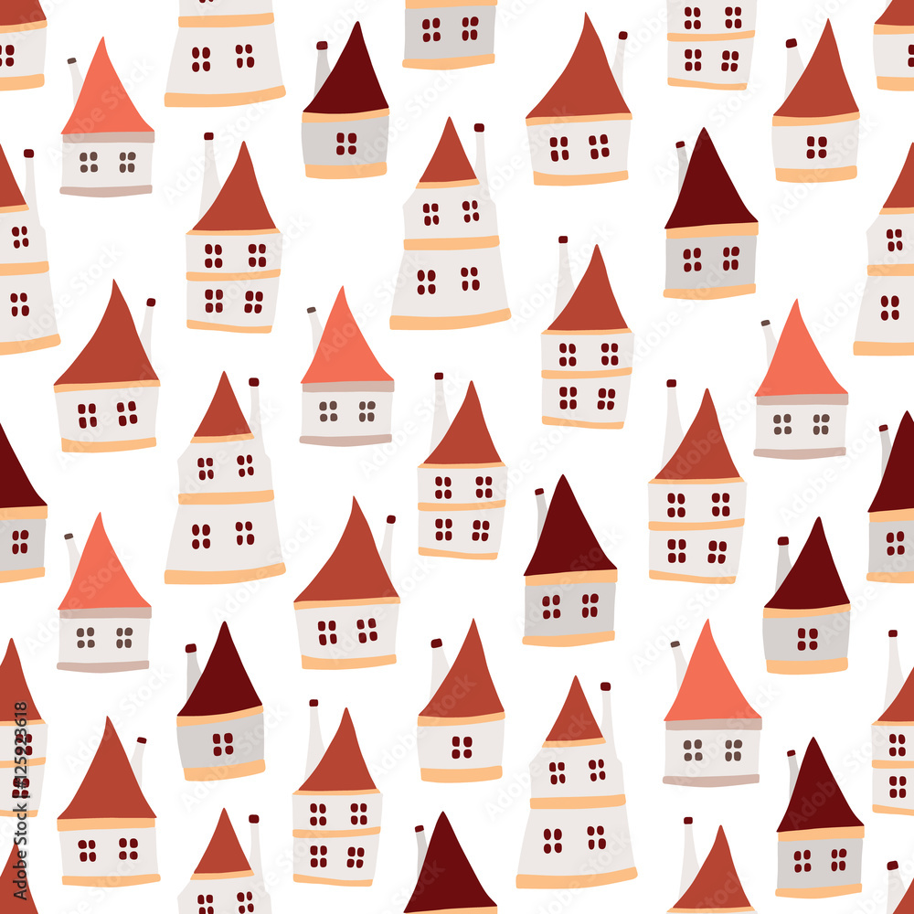 Funny vector seamless pattern with cute houses