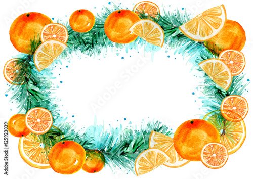 Watercolor Vintage card, invitation, wreath frame. With the New Year, Christmas ,winter uzrom consisting of a pattern - branch of pine, spruce, cedar, citrus fruit, orange slices.