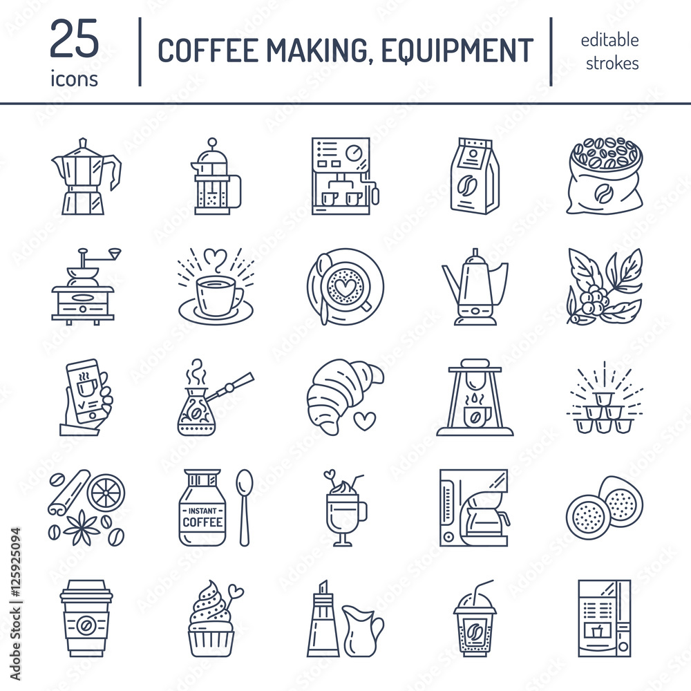 Vector line icons of coffee making equipment. Elements - moka pot, french press, coffee grinder, espresso, vending, coffee plant. Linear restaurant, shop pictogram with editable stroke for coffee menu Vector line icons of coffee making equipment. Elements - moka pot, french press, coffee grinder, espresso, vending, coffee plant. Linear restaurant, shop pictogram with editable stroke for coffee menu