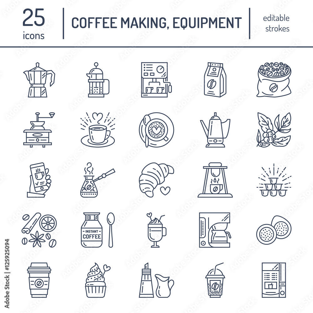 Vector line icons of coffee making equipment. Elements - moka pot, french press, coffee grinder, espresso, vending, coffee plant. Linear restaurant, shop pictogram with editable stroke for coffee menu