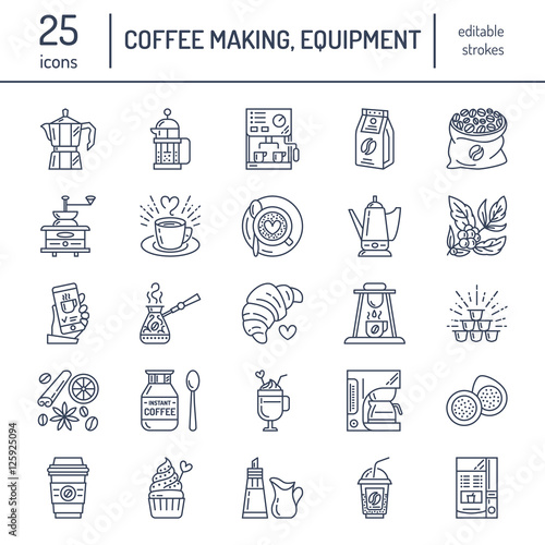 Vector line icons of coffee making equipment. Elements - moka pot, french press, coffee grinder, espresso, vending, coffee plant. Linear restaurant, shop pictogram with editable stroke for coffee menu