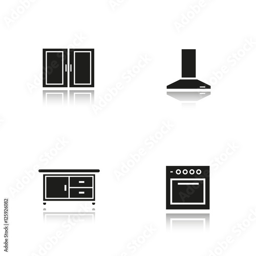 Kitchen interior drop shadow black icons set