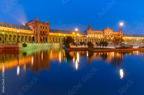 Panorama of Spain Square or Plaza de Espana in Seville at night, Andalusia, Spain © Kavalenkava