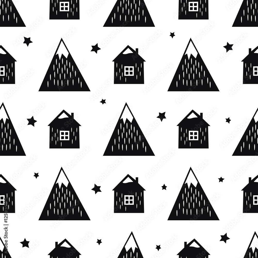 Black and white nordic mountains, houses and stars. Seamless pattern with geometric snowy mountains and homes. Simple scandinavian nature illustration. Vector mountains background.