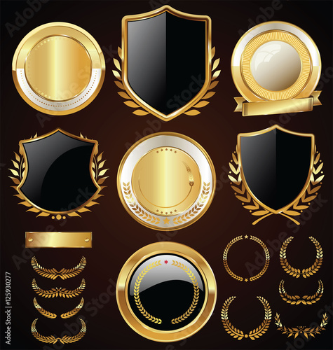 Vector medieval golden shields laurel wreaths and badges collection