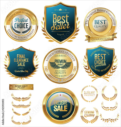 Vector medieval golden shields laurel wreaths and badges collection