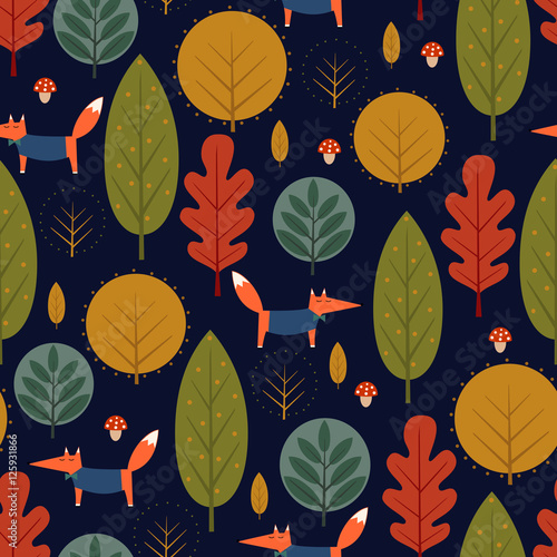 Autumn trees and fox seamless pattern on dark blue background. Decorative forest vector illustration. Cute wild animals nature background. Scandinavian style design for textile  wallpaper  fabric.