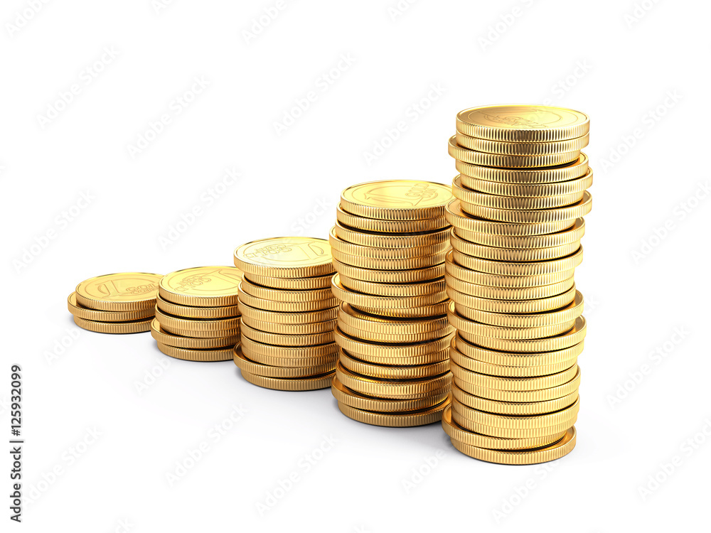 Earnings and financial success concept - Gold coins isolated on white background Earnings and financial success concept - Gold coins isolated on white background