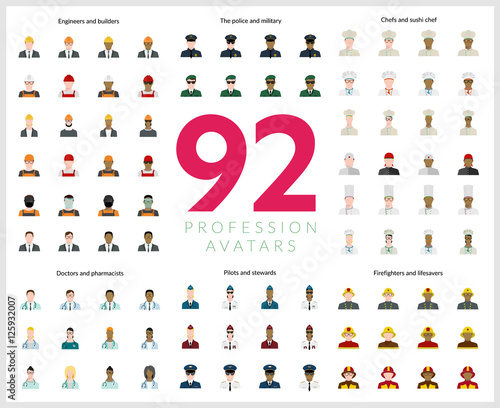 Set of 92 flat profession avatars. Engineers and builders, firefighters and lifesavers, police and military, pilots and stewards, chefs and sushi chef, doctors and pharmacists. Vector illustration.