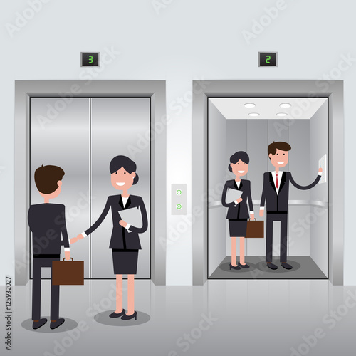 Business people in office building elevator, realistic chrome opened and closed doors. Vector illustration.