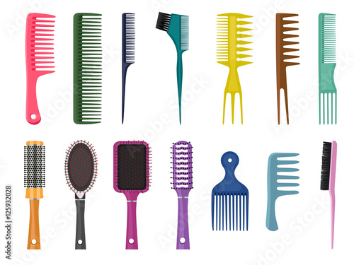 Fashion equipment collection of combs  hairbrush for hair, set of different types of combs, vector isolated on white background, Hairdresser style accessories, hairdryer