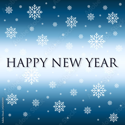 Happy New Year on winter background with snow and snowflakes. 