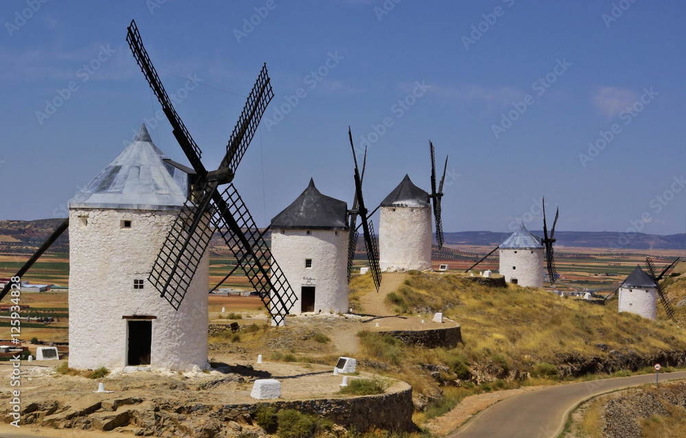 White windmills in La Mancha, near Toledo, Spain. White windmills in La Mancha, near Toledo, Spain.