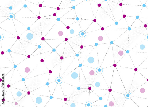 Large seamless abstract background. Vector lines and dots on white surface with some circles. Points with connections - space map. Futuristic science illustration.