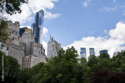 New York City USA Skyline from central Park trees