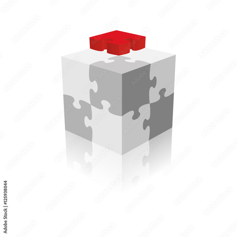 Obraz premium Cube Puzzle. Grayscale With A Red Piece. Vector Illustration