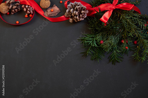 Christmas decor on black with copyspace