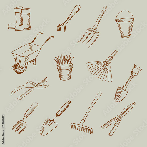 garden tools set. Scetch vector
