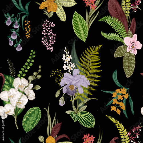 Vector seamless vintage floral pattern. Exotic orchid and leaf. Botanical classic illustration. Vivid color