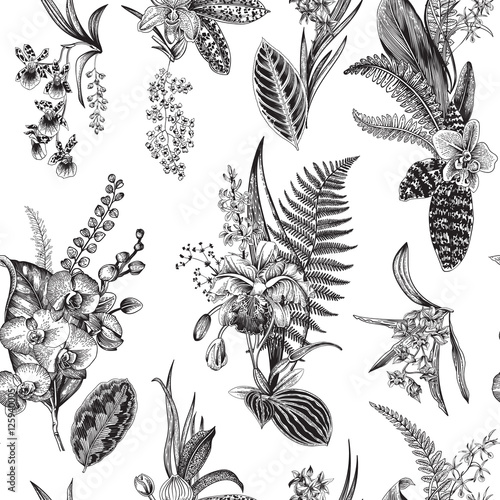 Vector seamless vintage floral pattern. Exotic orchid and leaf. Botanical classic illustration. Black and white
