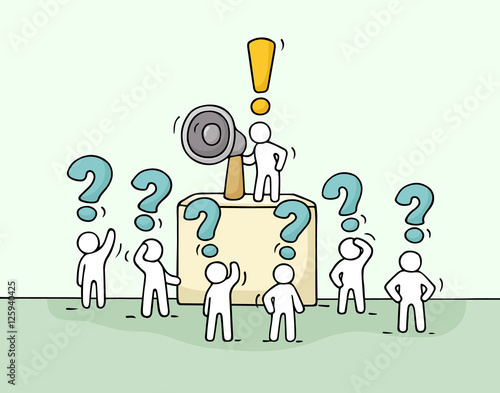 Sketch crowd of little people with questions.