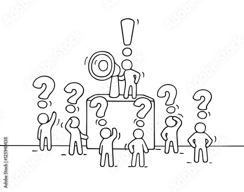 Sketch crowd of little people with questions.