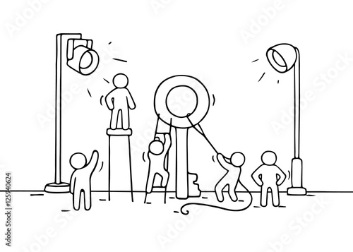 Sketch of working little people with big key.