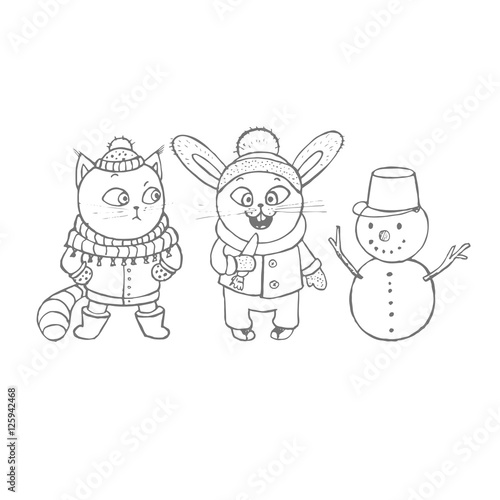 Cute doodle snowman, cat and rabbit going to eat the carrot