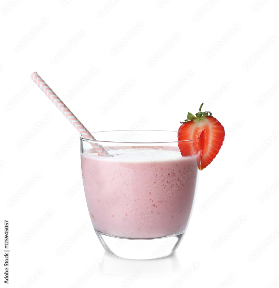Glass of strawberry milk shake on white background Glass of strawberry milk shake on white background