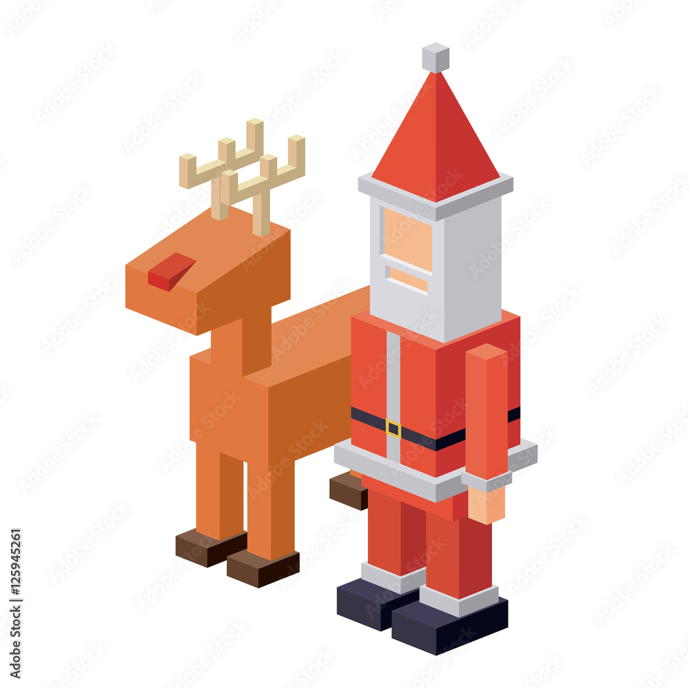 Naklejka premium Isometric santa and deer icon. Christmas season decoration and celebration theme. Isolated design. Vector illustration
