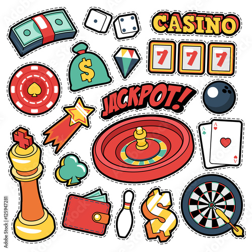 Gambling Casino Badges, Patches, Stickers - Jackpot Roulette Money Cards in Comic Style. Vector Doodle