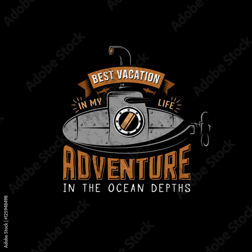 Vintage retro submarine with raised periscope. Adventure logo emblem poster in grunge style. 