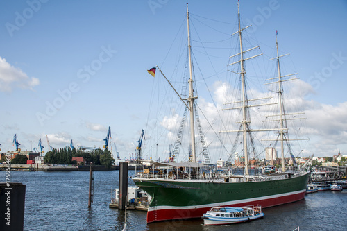 Port Hamburg Germany big sailing boat in Harbor