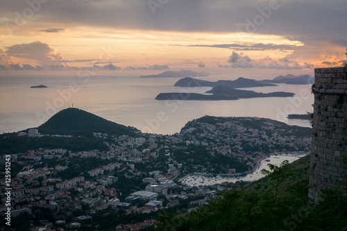 The view from Mount Srd, near Dubrovnik, Croatia, of the Elaphiti Islands at sunset.