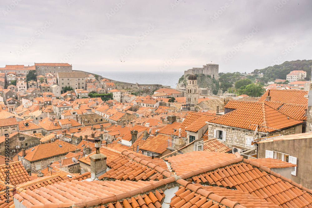 The view of the old town and Fort Lovrijenac from the city walls of Dubrovnik, Croatia.