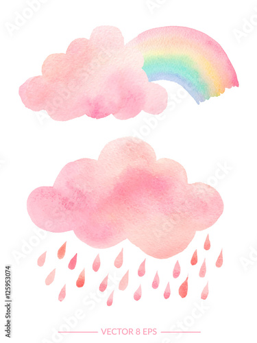 Watercolor clouds with rain and rainbow