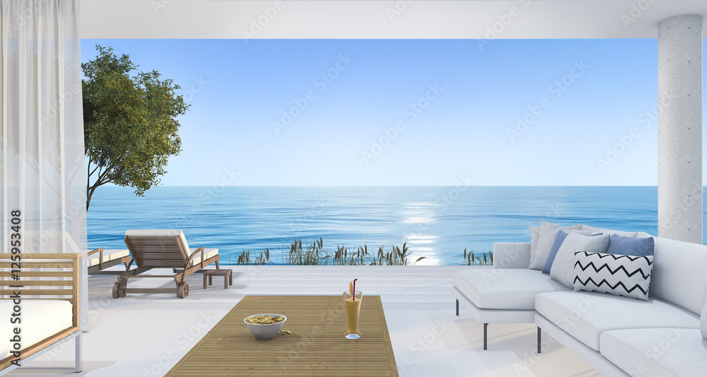 Fototapeta premium 3d rendering contemporary nice living room near beach and blue sky